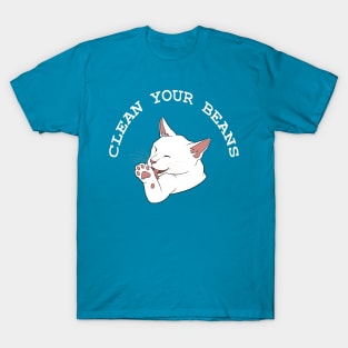 Clean Your Beans Funny White Cat T-Shirt